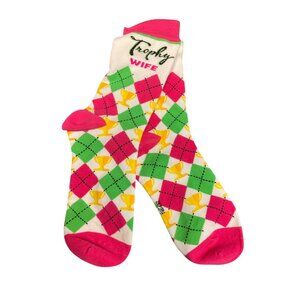 Trophy Wife Argyle Pattern Socks Ladies Size 5-10 By Fabdaz 80% Cotton Pink/Gree
